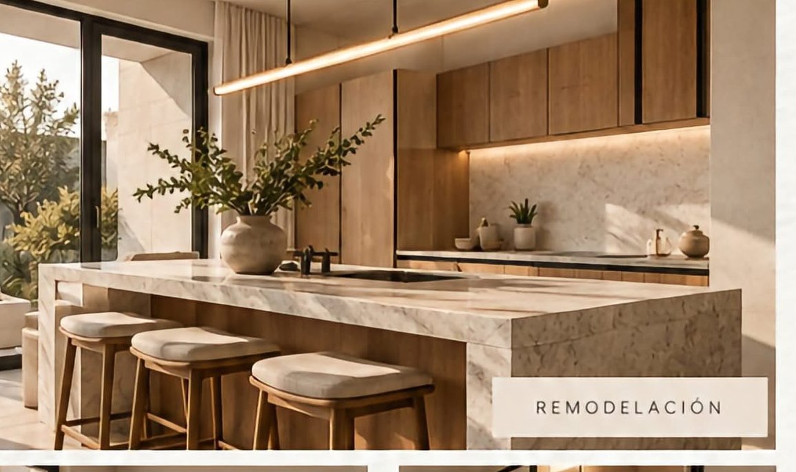 Visualización de interior contemporáneo con barra y acabados cálidos